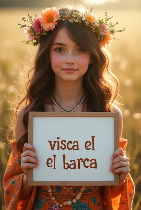  Beautiful girl with long wavy hair, bohemian dress,  holding a white board with the text "Visca El Barca"  and showing it to the spectator 