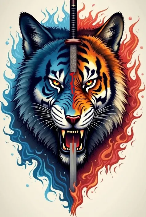 I want you to design a schech for a tattoo based on half the face of a wolf and the other half face of a tiger between them, cutting a ninja katana out of my eyes, blue and red fires coming out and around them a watch.