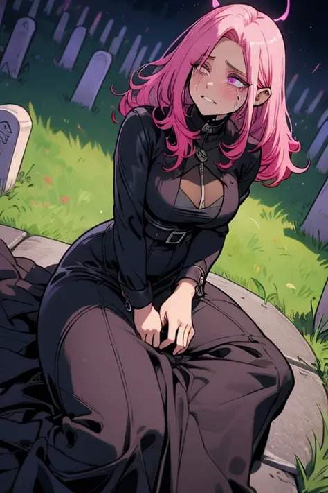 Perfect face. Perfect hands. A sad pink haired female reaper with violet eyes and an hourglass figure in a leather dress is crying while laying down in the cemetery