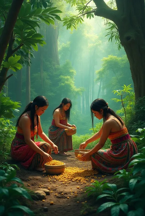 Indigenous women in the forest planting beans and corn 