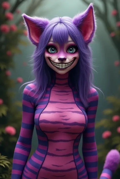 Create an image of a  dressed as the Cheshire Cat from "Alice in Wonderland." The costume should include the iconic purple and pink striped outfit, with a fluffy tail and ears. The s face is painted with a mischievous, wide grin and expressive cat-like eye...