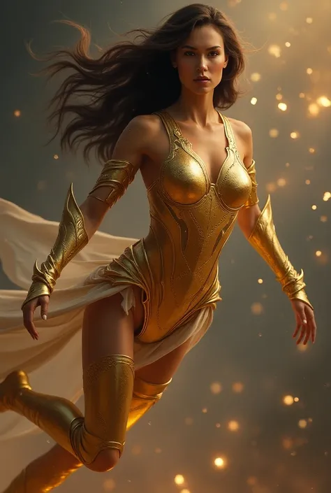 She is a beautiful brunette warrior in golden arm from the galaxies landing from a high jump ready to fight 