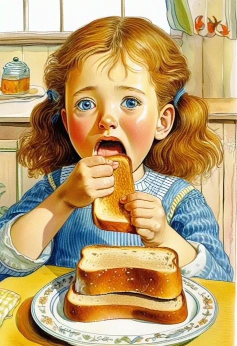 a girl eat A Piece of toast Bread, by Elsa Beskow.
best quality, masterpiece, intricate details, ultra-detailed