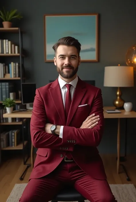 
"Generate an image of a calm, informative man seated in the center of a studio . He is dressed in formal attire, either a red or black suit, and positioned in front of a simple table. The background includes bookshelves with books, a desktop PC and monito...