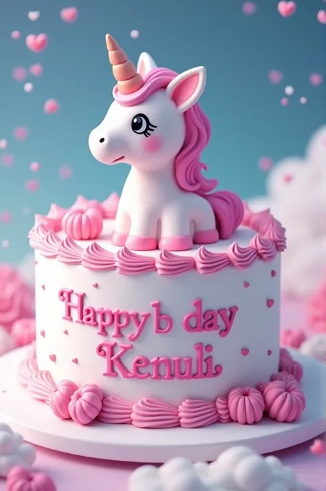 Cake with unicorn cute pink and white Written Happy B Day Kenuli on it