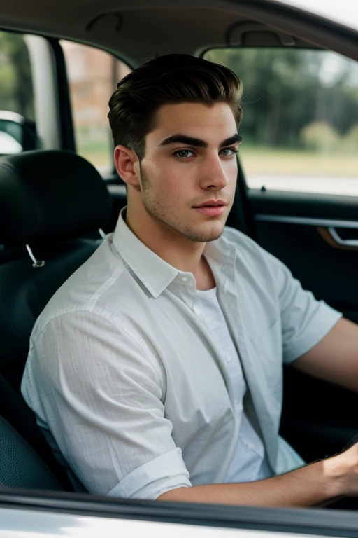 A handsome white young man with green eyes, thick eyebrows,  long eyelashes , Manly
 Driving a car 