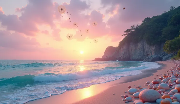 ((hyper-realistic depiction of dissolving anxiety and fear in a tranquil, soothing landscape)) ((a serene scene featuring a calm ocean at sunset, with waves gently lapping at the shore, the water glowing in rich shades of turquoise (#40E0D0) and deep blue ...