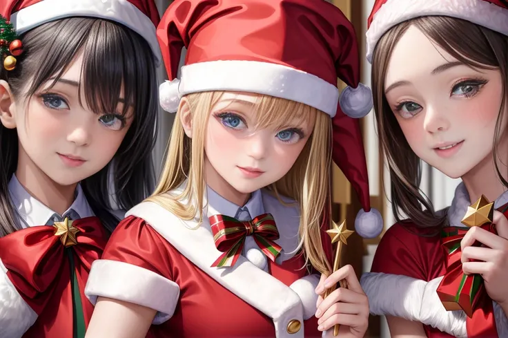 ((masterpiece, best quality, extremely detailed, absurdres)),High school　Santa Claus girls, front, 3 people face, upper body, in Santa Claus uniform ,