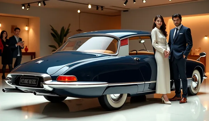 A front view of Old model of Citroen ds21 in show room in Navy blue colour and covered the back pull of car with red and white colour and side of car man and girl 