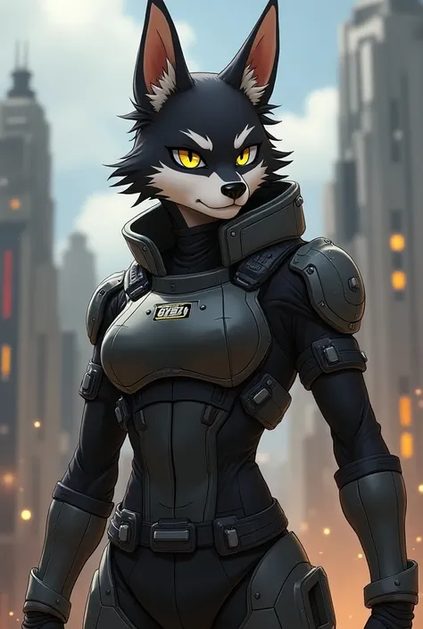 Generate the image of an anthropomorphic dog,  wearing a space pilot suit ,  similar to a military outfit , wearing highly stylized space armor ,  with anime-style eyes and yellow exspections ,  with a serious and intimidating expression on his face , with...