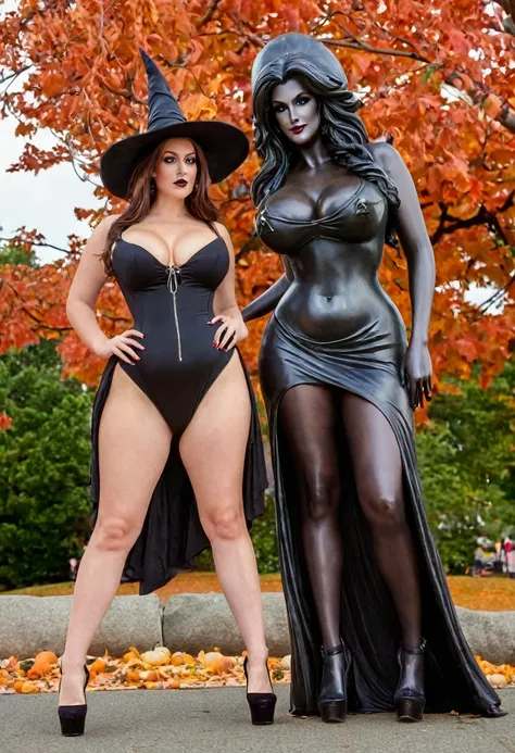 full body shot of a modern day lightly clad beautiful witch with a curvy body and large breasts, wearing open-toe high heel shoe...