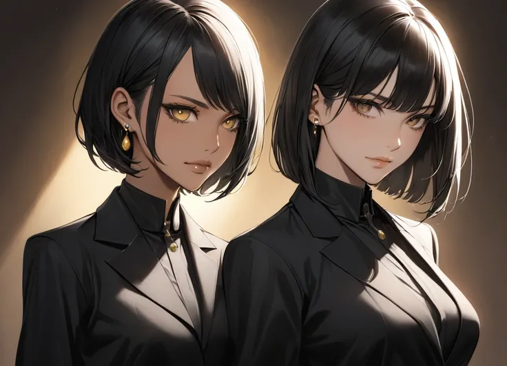 semi-realistic anime-style of two girls looking at each other. girls with short, sleek black hair in a sharp bob that grazes just below her jawline. She has a warm tan skin tone with a slight golden undertone, and piercing black eyes. Her eyes are almond-s...