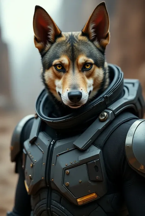  generates the image of an anthropomorphic male dog,  wearing a space pilot suit ,  similar to a military outfit , wearing highly stylized space armor , with explicit yellow eyes ,  with a serious and intimidating expression on his face , with pointed ears...