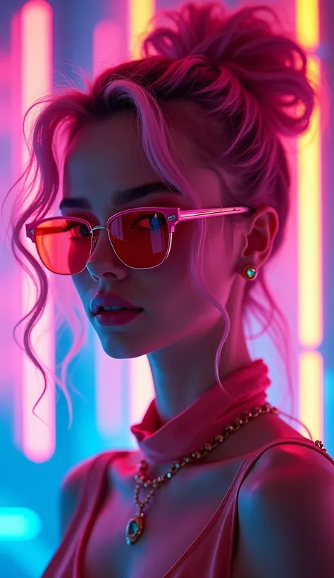 A captivating fashion icon, adorned with vibrant, multihued hair and neon spectacles, strikes a pose against a dynamic backdrop of pulsating colors and neon lights. Her hairdo, reminiscent of high-end stock photos, exudes a magazine cover allure. The beaut...