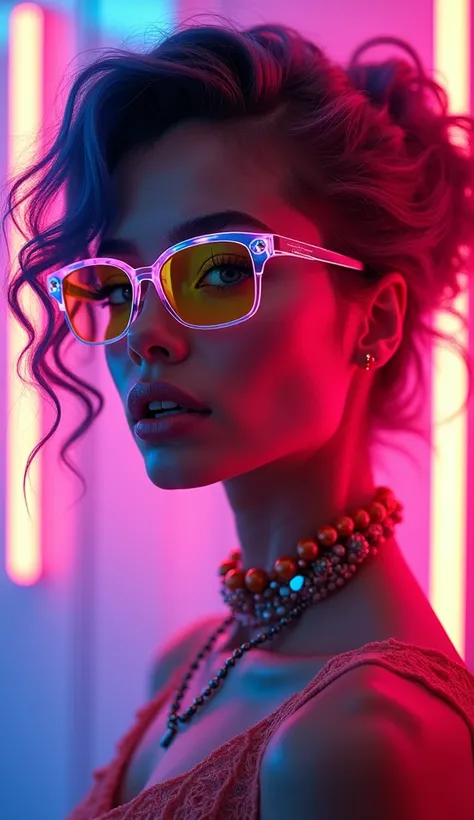 A captivating fashion icon, adorned with vibrant, multihued hair and neon spectacles, strikes a pose against a dynamic backdrop of pulsating colors and neon lights. Her hairdo, reminiscent of high-end stock photos, exudes a magazine cover allure. The beaut...