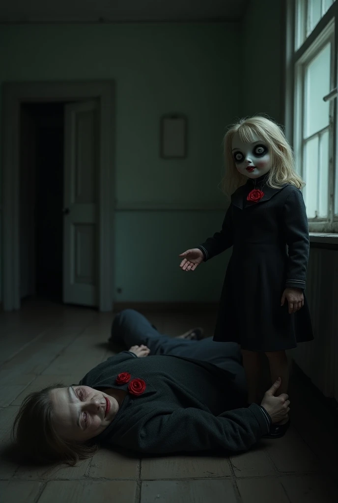 Living room of a simple but creepy house , 50-year-old woman dead on the living room floor , with a porcelain doll with black eyes and a strange smile next to her in a black dress with red flowers, The doll points to a door 