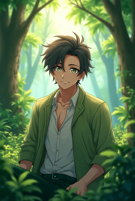 An anime character man and him in a forest