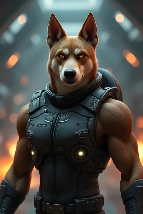  generates the super realistic 3D animation style image, of an anthropomorphic male dog ,  wearing a space pilot suit ,  similar to a military outfit , wearing highly stylized space armor ,  with explicit yellow eyes ,  with a serious and intimidating expr...