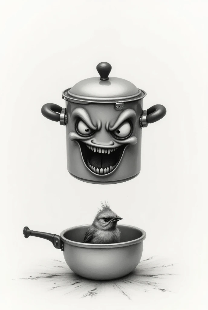 DRAWING OF A PRESSURE COOKER WITH ANGRY EYES AND MOUTH COOKING A SAD LITTLE BIRD