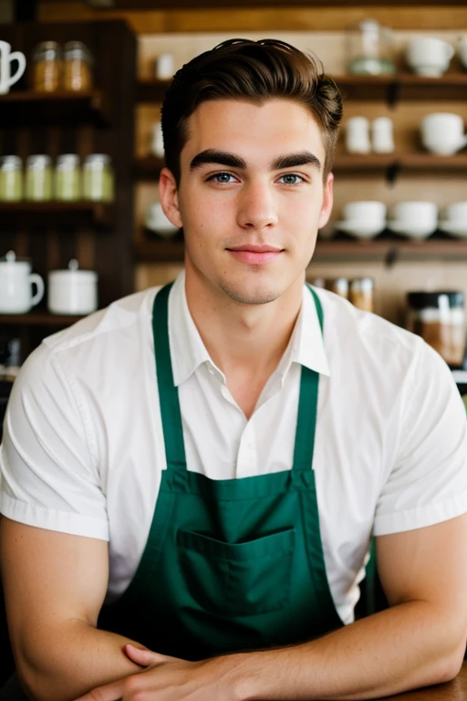 A handsome white young man with green eyes, thick eyebrows, Manly
 In a coffee shop 