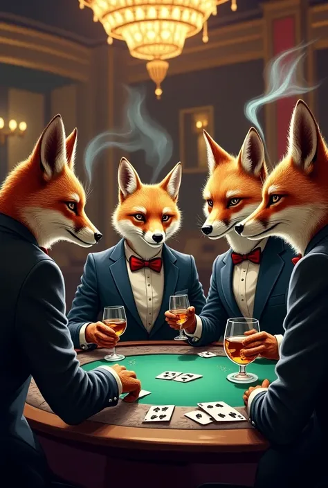 animaux en costard qui jouent au poker dans un casino, cigarette, whisky. Couleurs vives, ambiance festive  pop zrt