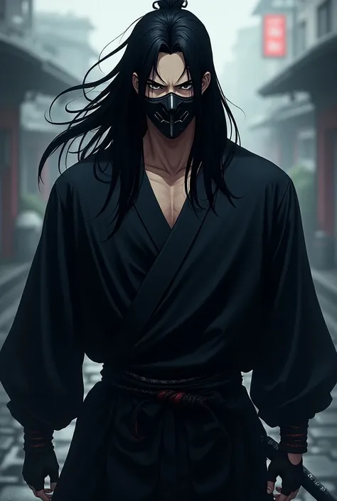 Create an image of a samurai in anime style its theme should be black his hair should be visible and a cool looking mask not much scary and it should be looking badass. In anime style and not that scary NOT THAT SCARY MASK MAKE IT LITTLE SCARY give him a n...