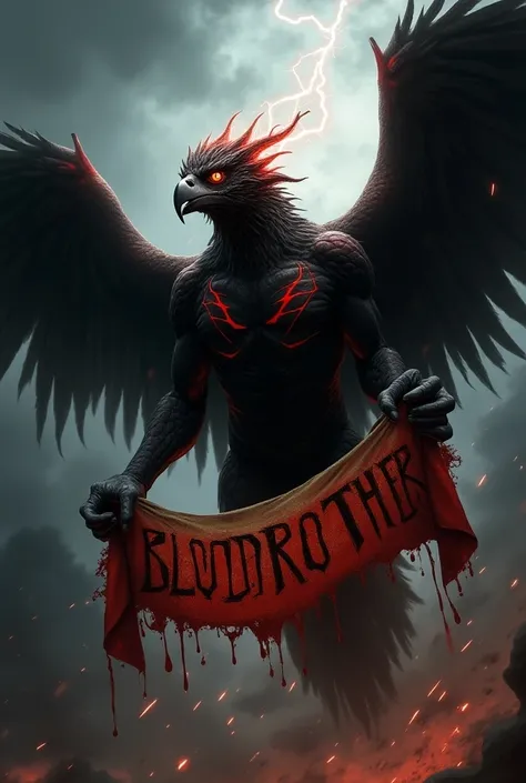 "A powerful, fearsome Garuda with dark, shadowy wings spread wide, its talons gripping a blood-splattered banner with the word BLOODBROTHER written in bold, crimson letters. The Garuda’s eyes glow menacingly, and its sharp, jagged feathers shimmer in deep ...