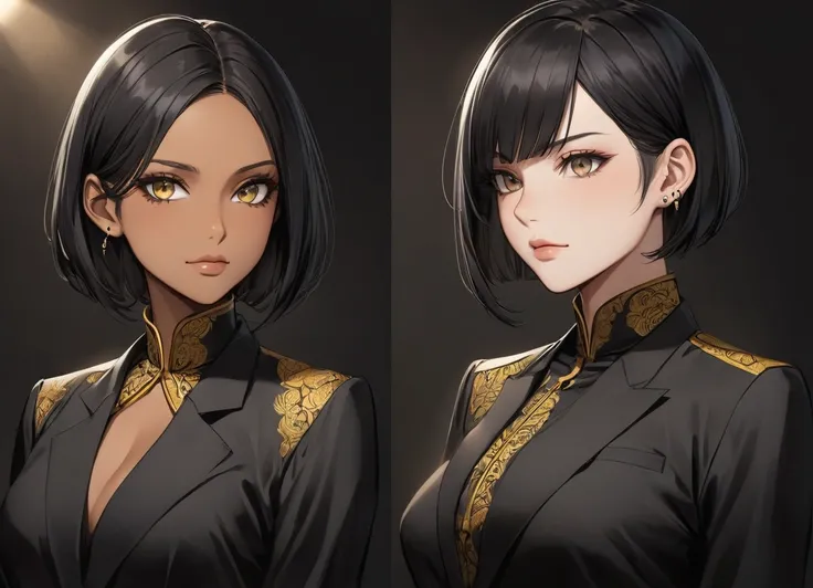 semi-realistic anime-style of two girls looking at each other. girls with short, sleek black hair in a sharp bob that grazes just below her jawline. She has a warm tan skin tone with a slight golden undertone, and piercing black eyes. Her eyes are almond-s...