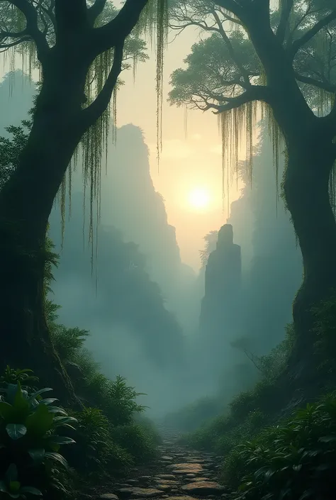 A dense, mist-covered jungle at dawn, with towering trees and vines draping over ancient, crumbling stone structures barely visible through the fog. The sky is tinged with a soft pink hue as the sun begins to rise, casting light onto the hidden ruins.