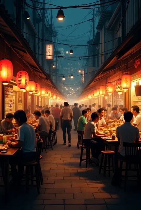 Night time so many people around one women and men sitting in street food market and drinking beer and eating noodles 
