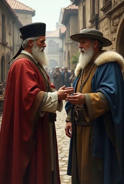  Two barons making a trade, old clothes, postmans hat , Medieval times