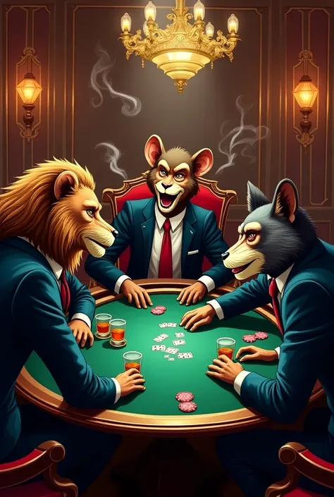 animaux lion singe loup en costard qui jouent au poker dans un casino, cigarette, whisky. Couleurs vives, ambiance festive  pop zrt