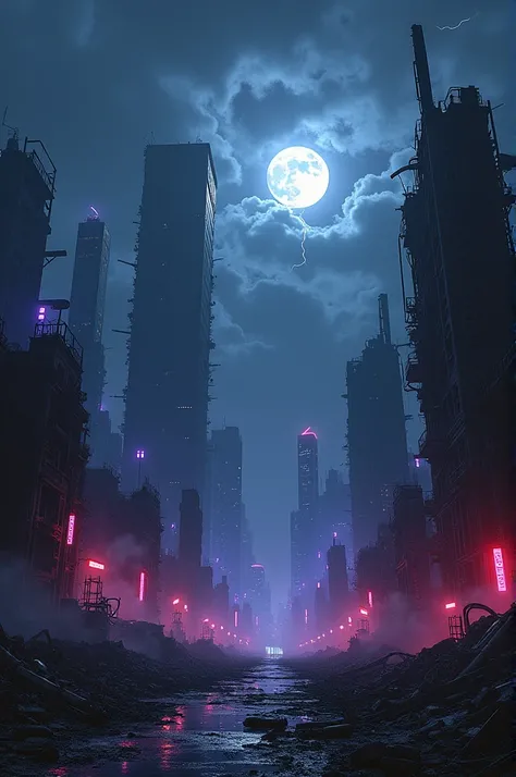 scenario: A dystopian skyline ,  with ruined skyscrapers and neon shining in shades of purple , blue and red,  emerging from a night sky filled with dark clouds and thunder .  The city seems a mix between a chaotic future and fragments of an industrial pas...