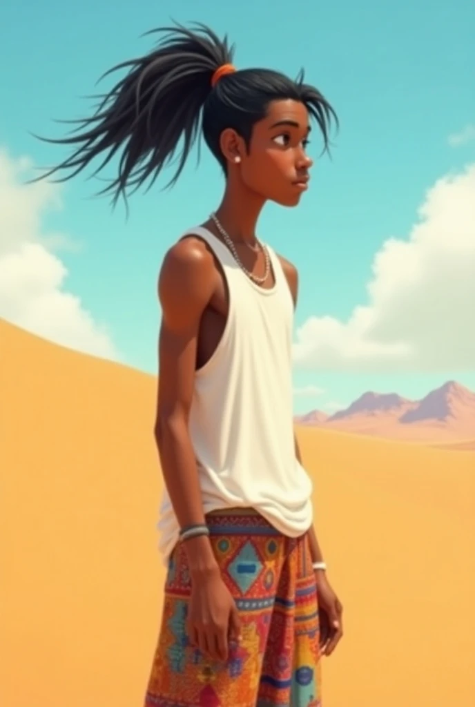 Pixar-like image of a young brown man with long hair with a ponytail up short on the sides,  with an oversized white tank top, and colored Indian-style pants , on a desert dune 