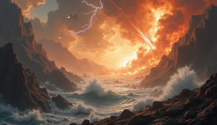 A wide shot showing the sheer devastation of the Titanomachy, with mountains crumbling, seas roaring, and the sky itself splitting as the war rages on. The camera is positioned at an epic landscape view, capturing the entire cosmos in turmoil as Titans and...