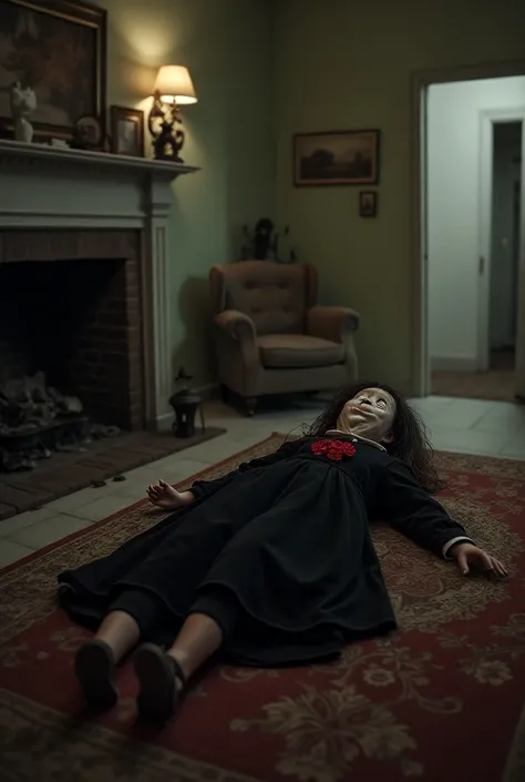 Living room of a simple but creepy house , 50-year-old woman dead on the living room floor , with a porcelain doll with black eyes and a strange smile next to her black dress with red flowers