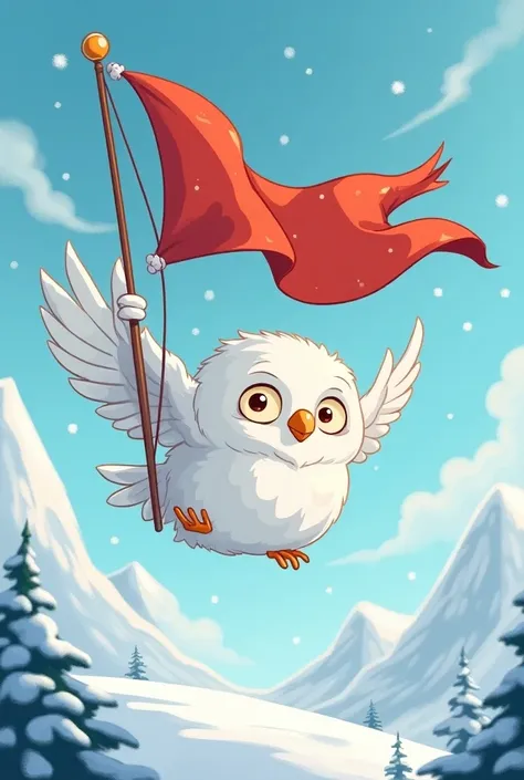 Snowy owl with a large flag cartoon 
