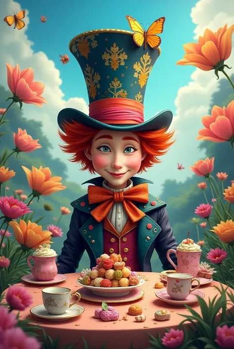  Create an image of the Mad Hatter in a vibrant and fun setting,  surrounded by colorful tea cups and talking animals .  He must have a huge hat full of patterns , with a friendly smile.  The background must be a magical field with giant flowers ,  colorfu...