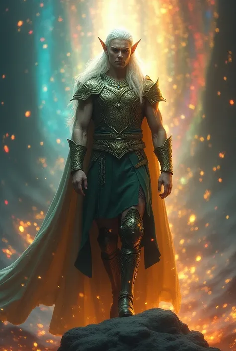 A warrior elf shining in the light of the bifrost.