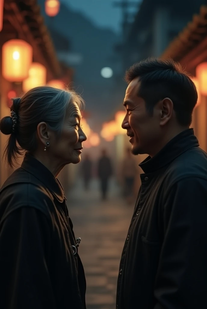 Chinese old woman talking and a young chinese man going in night time