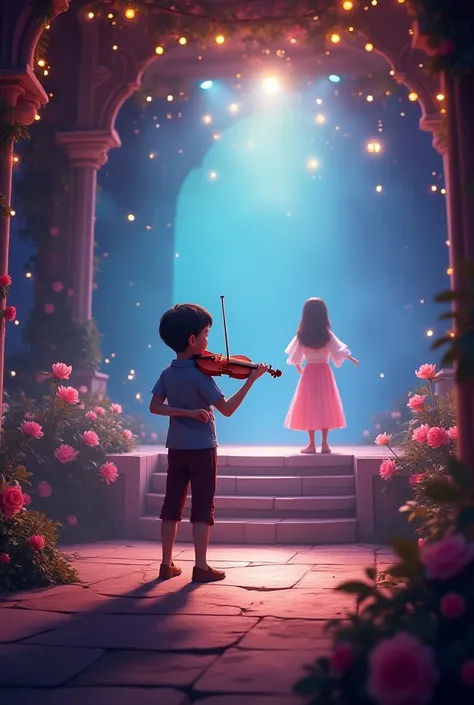 8th school art festival, 1 boy playing violin, 1 girl performing on stage, high fantasy, 3D style, ethereal atmosphere, vibrant colors, dramatic lighting, intricate details, elegant typography, (best quality,4k,8k,highres,masterpiece:1.2),ultra-detailed,),...