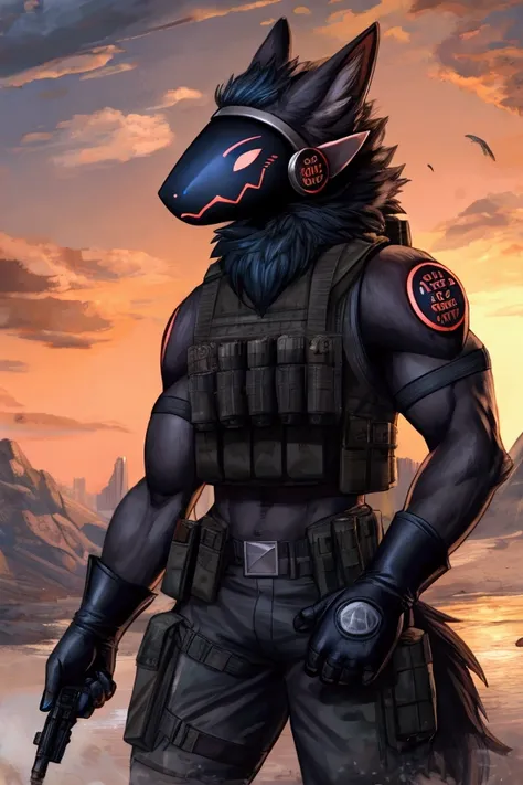  A blue and hyper muscular protogen with tactical military uniform, Tactical gloves, Anto bullet vest ,  bullet tracks 