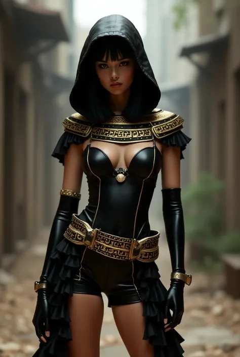  Hello my beautiful Chat GPT ,  I would like to ask you something please : Create me an image in which a costume that mixes rock is used + Egyptian style.  These clothes look like this :  is a short catsuit with shorts and hoodie in black and with gold det...