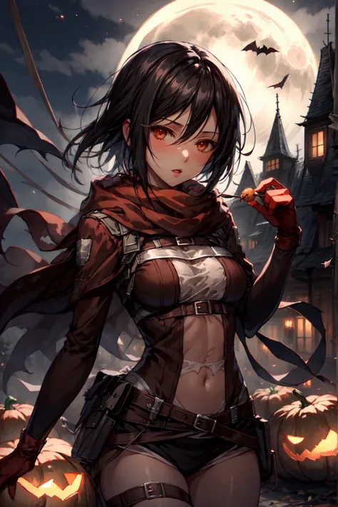 mikasa,haloween,seducing,pumpkins,full moon,spooky background,sustainable background,witch outfit,revealing,
