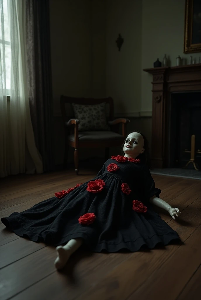 Living room of a simple but creepy house , Doll of a 50-year-old lady lying on the floor And her dress is black,  with red flowers 