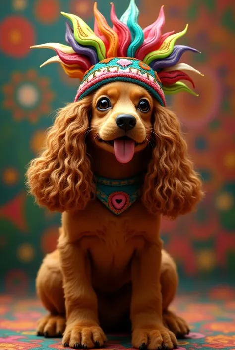  Image of an adult cocker dog disguised as Alebrije,  with a headband that reads  "Tomasa "
