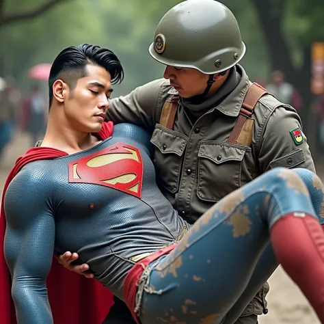 Superman,a 30-year-old Korean face, attractive, the blue Superman suit with muscular,, (black undercut, blue tights and red cape and red boots and red briefs：0.8),16k,UHD, dslr, insane details, award-winning photo,HD

Superman was unconscious, his eyes clo...