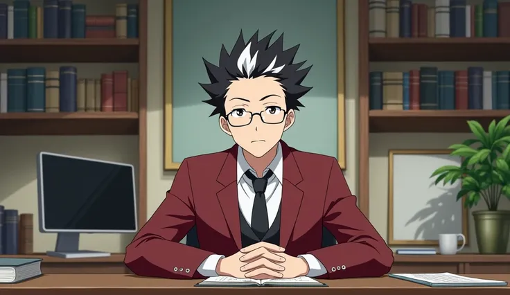 
"Generate an image of anime a calm, informative man seated in the center of a studio . The carector has spiky black and white hair and wearing glasses He is dressed in formal attire, either a red or black suit, and positioned in front of a simple table. T...