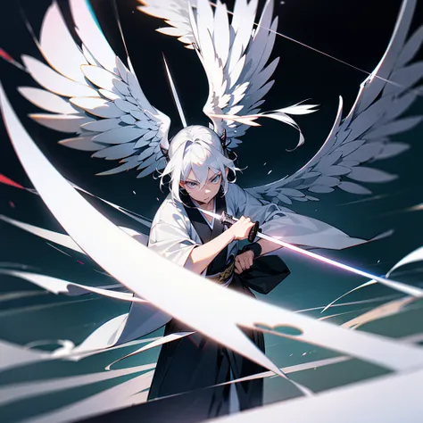 epic art, 1 nephalem man, half angel-half demon, color correction, Professional, school playfield background

white hair, silver eyes, kimono, black and white angel wings, holding a katana,