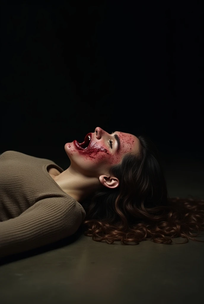  Bloody face of a 30-year-old woman with long curly brown hair and a brown sweater, elle un grand trou dans le visage,  she is disfigured and decapitated,  , gore, black background, grand trou de chair au millieu du front,  she is on the floor on a floor ,...